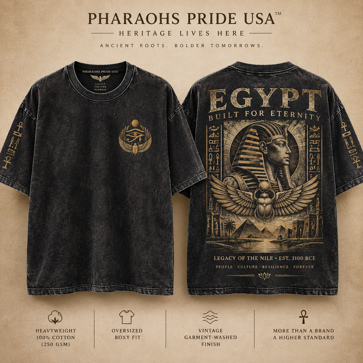 Pharaoh Archive Heavyweight Tee — Built for Eternity Pharaohs Pride USA