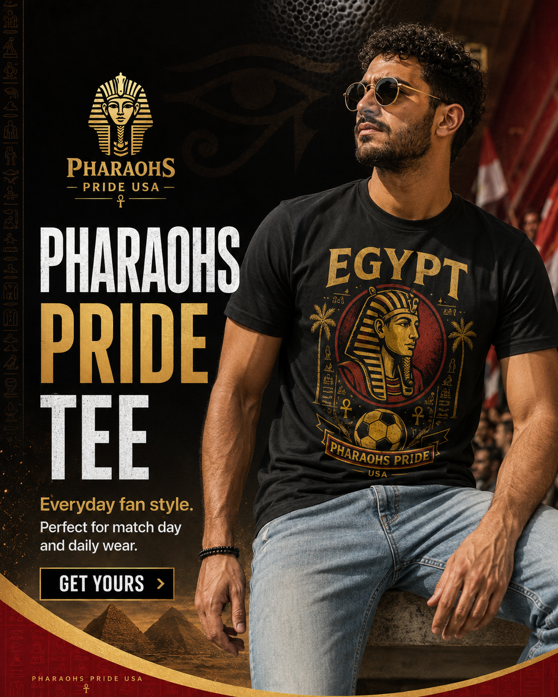 Promotional lifestyle artwork for the Pharaohs Pride Football Tee