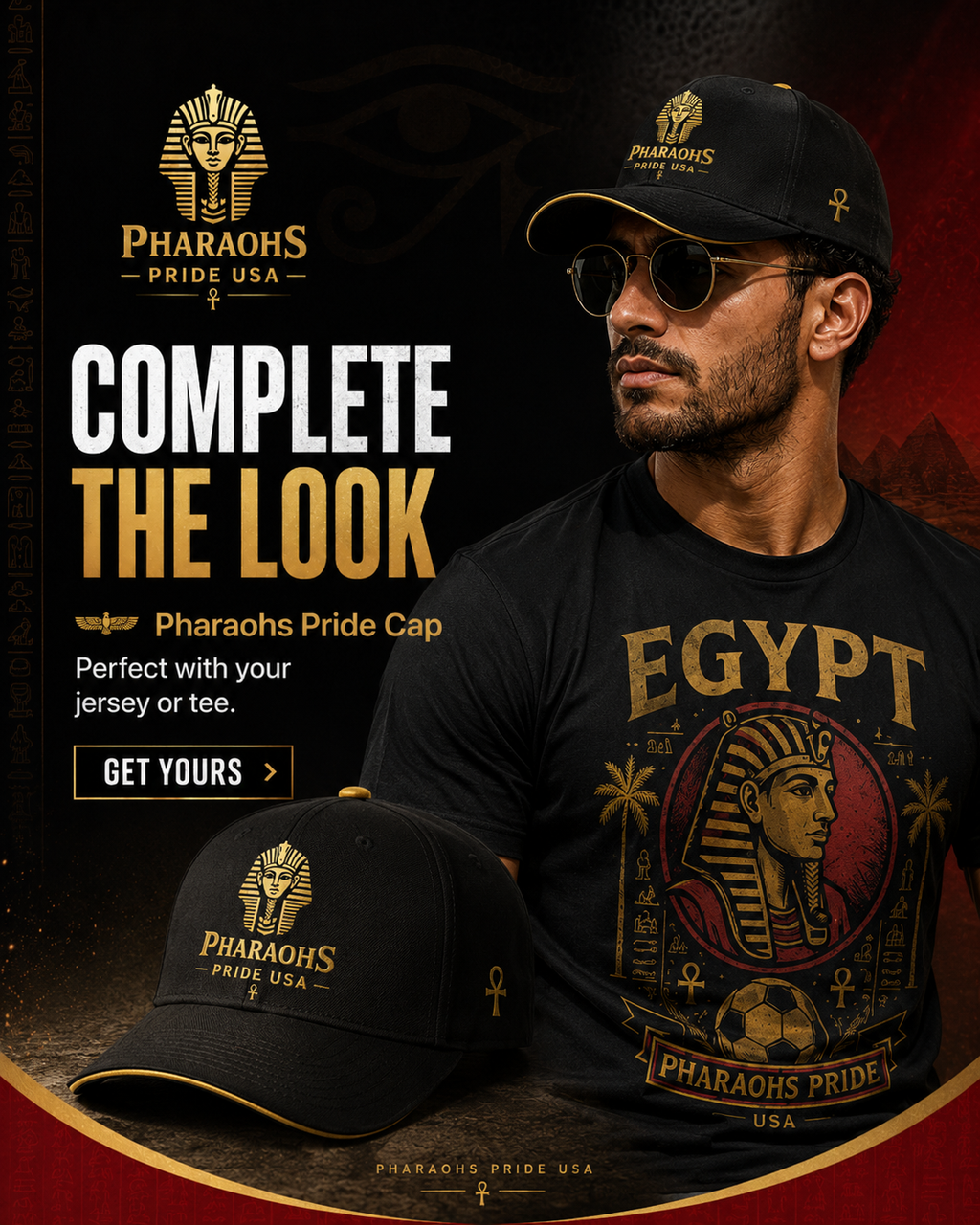 Promotional lifestyle artwork for the Pharaohs Pride cap