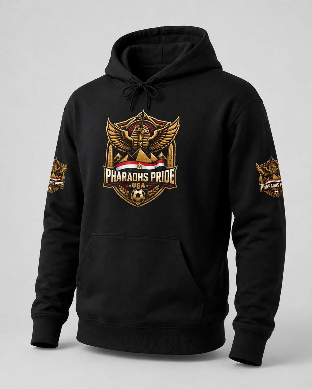 Pharaohs Pride USA Egypt football fan hoodie with pharaoh-inspired crest and unisex pullover design