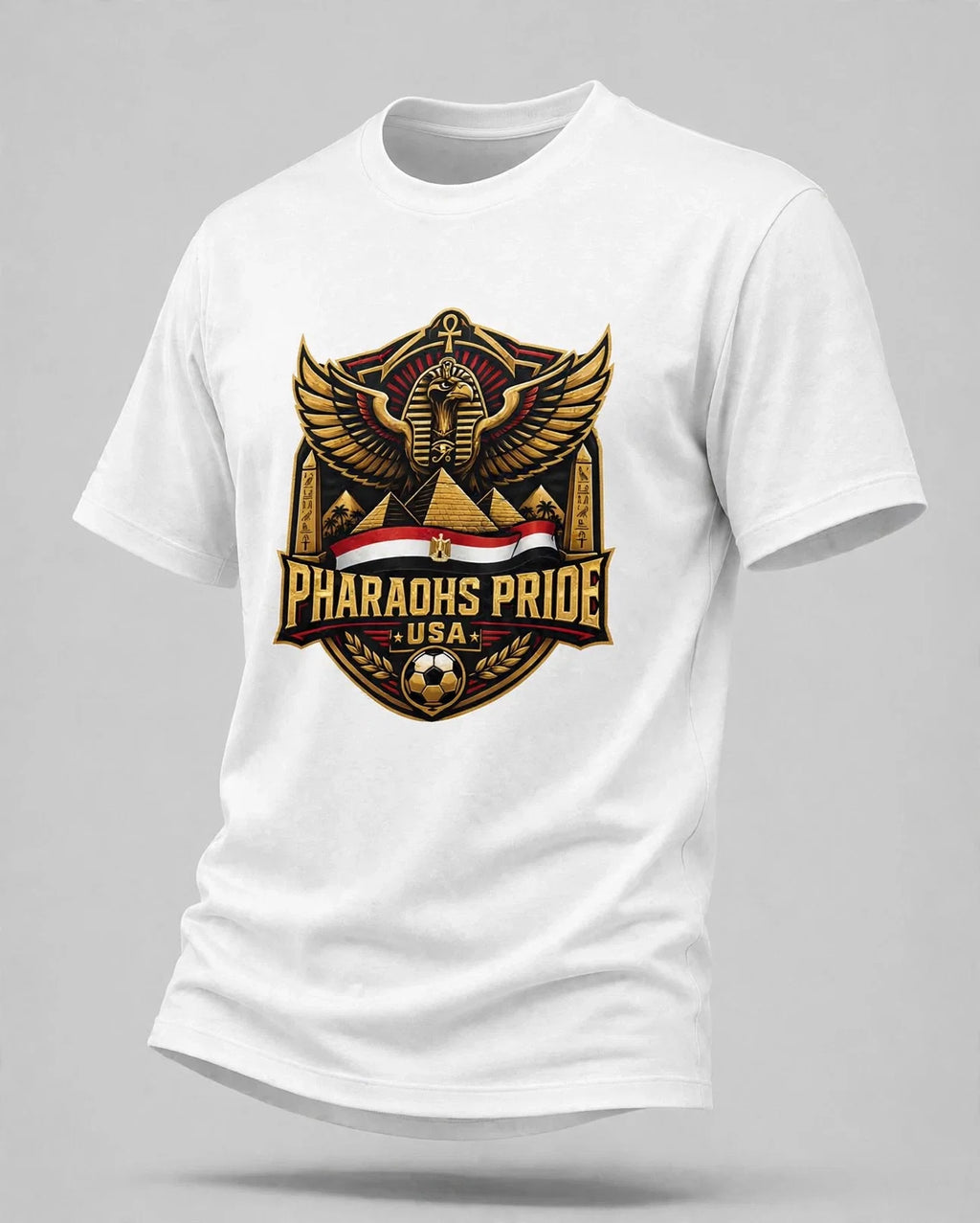 White Pharaohs Pride USA Egypt football crest T-shirt mockup