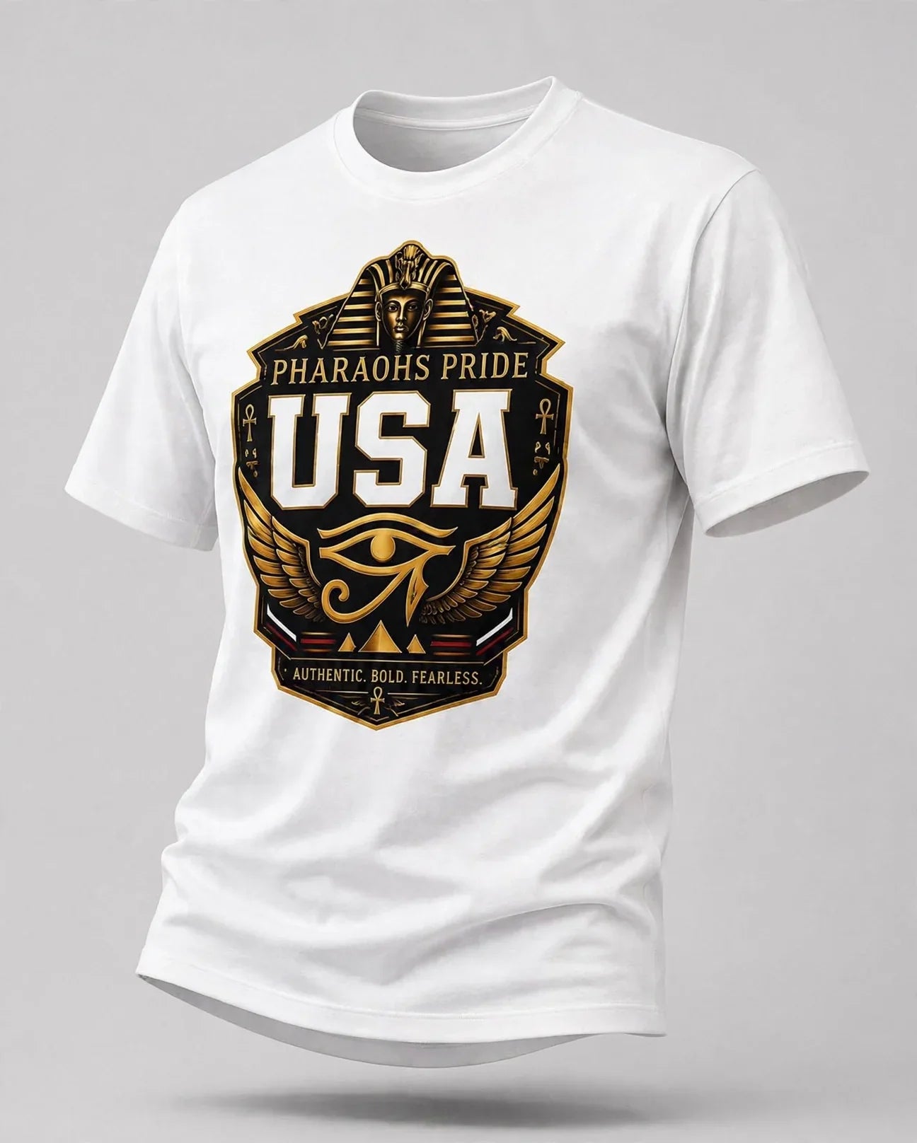 Pharaohs Pride USA football t-shirt with bold Egyptian crest in white, black, and red colors